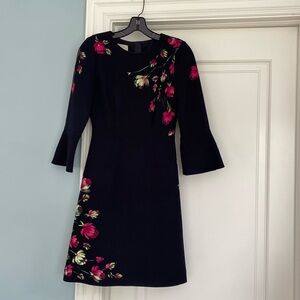 Black Mini Dress with Pink Floral Embroidery